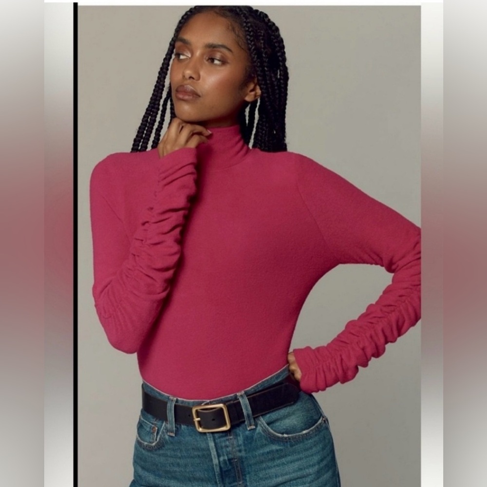 Anthropologie Pink Raspberry Gathered Sleeve Mock Neck Unbelievably Soft Top